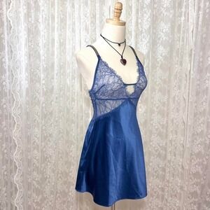 Victoria's Secret Blue Lace Slip Dress Lingerie Size S Satin Rhinestone Preppy